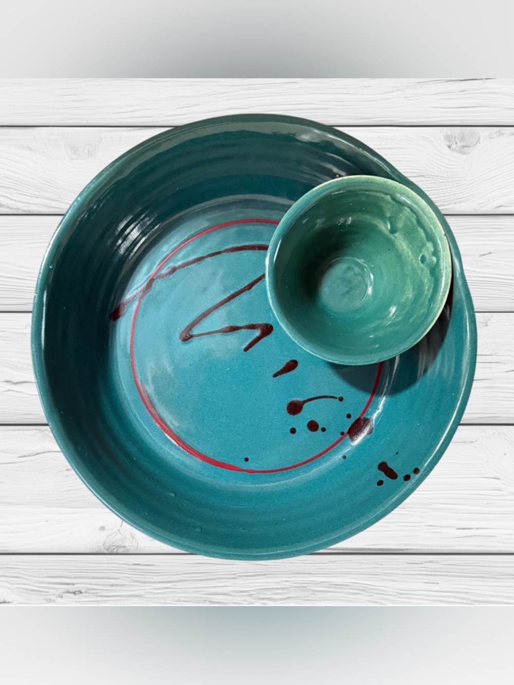 Teal Ceramic Chips & Dip Serving Bowl  Abstract Design 10” Diameter